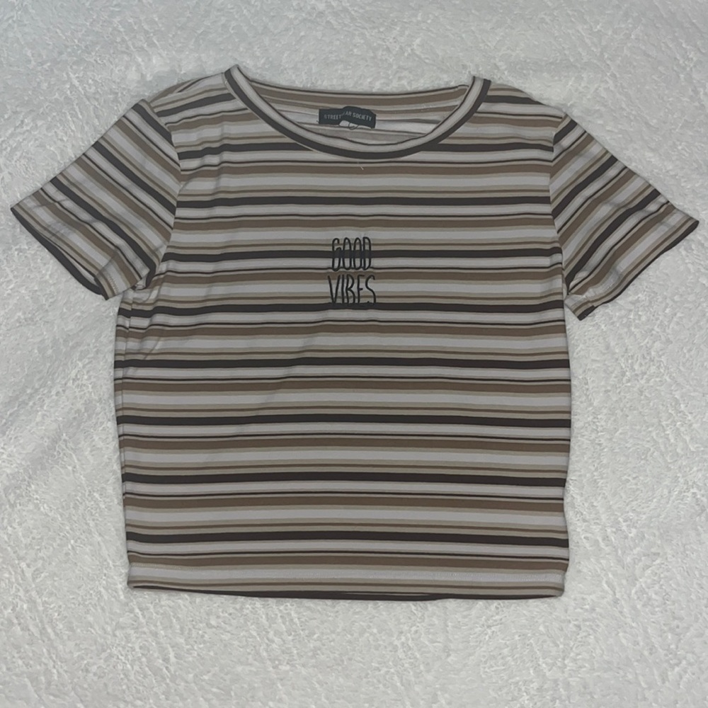 Size S, “GOOD VIBES”, brown, tan, white, STREETWEAR SOCIETY brand.